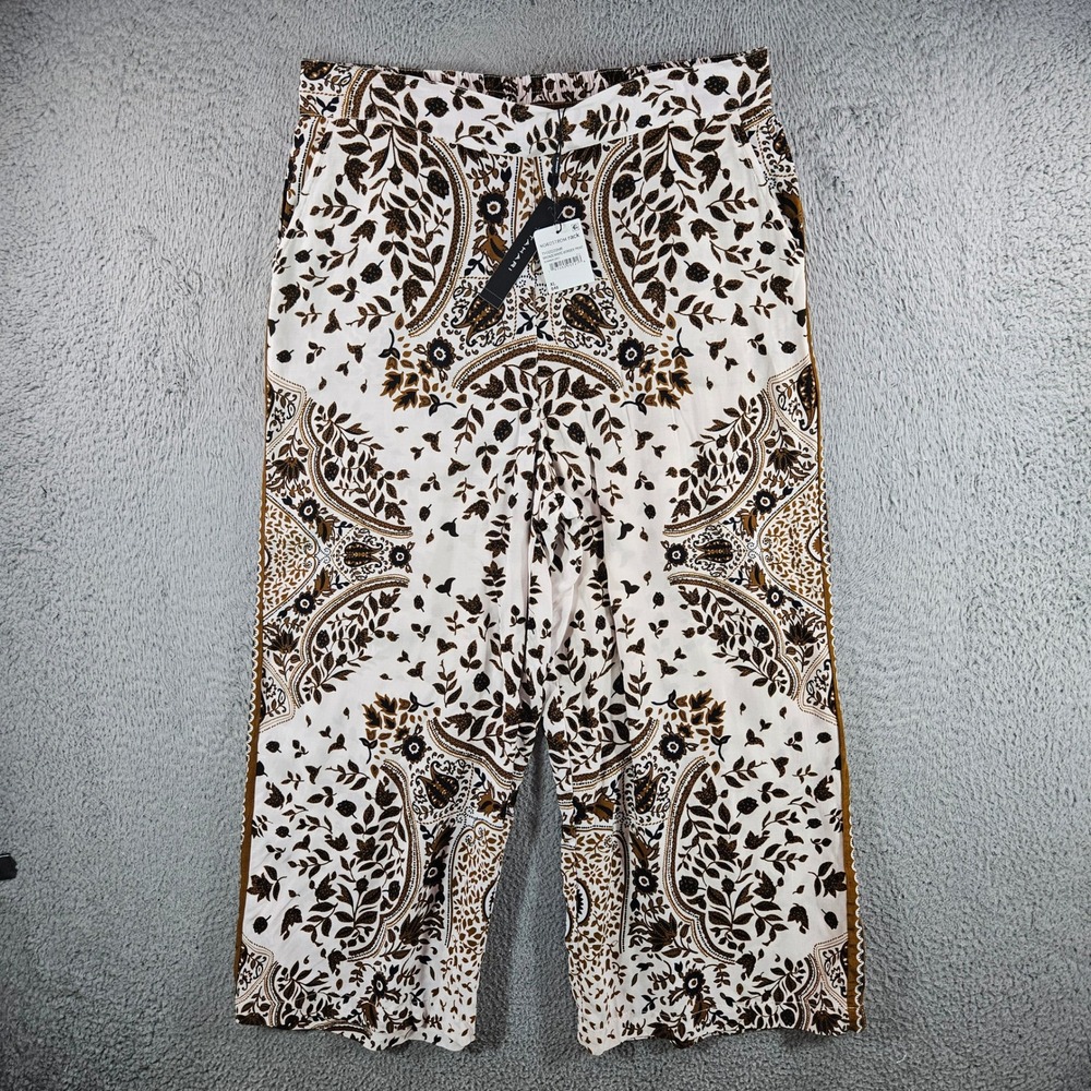Tahari Women XL Bronze White Border Print Wide Leg Crop Pants NWT NEW